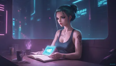 the neon glow of a cyberpunk metropolis, a stunning girl, she has cybernetic implants and glowing tattoos, slowly sipping a cup of coffee, she is wearing a tank top that reveals some of her breasts, while reading a paper book, (she looks away from the book and out the window to the streets outside which are bathed in pink and turquoise holographic lights), where flying drones and digital ads fill the backdrop, Her eyes, reflecting the neon light, are full of both strength and tenderness, zavy-cbrpnk, faceplate, <lora:attractive_notrigger:2>, <lora:RMSDXL_Enhance:2>, <lora:EnvyCozyCyberpunkXL01:2>, <lora:Halcyon Cyberpunk Style:2>, <lora:zavy-cbrpnk-sdxl:2>