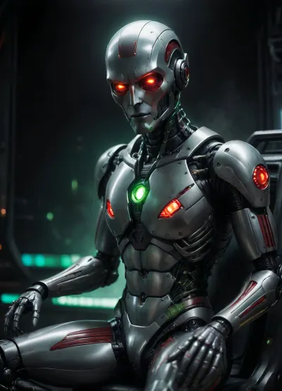 an award winning photograph of a MALE ROBOT, tall, silver body, black POINTED shiny head, big red eyes, glowing, green stripes, long dark red legs, black zig zags, shiny, cock, black, erectgold halo, ROBOT, intricate cyberpunk robot, in space ship, sitting in chair, star trek style, highly detailed, soft bokeh Deep space nebula background, art by mooncryptowow and popular science, full length photo, <lora:WowifierXL-V2:.8>, cyber punk control panel, glowing, dark, chiaroscuro, low-key, <lora:zavy-cntrst-sdxl:.8>