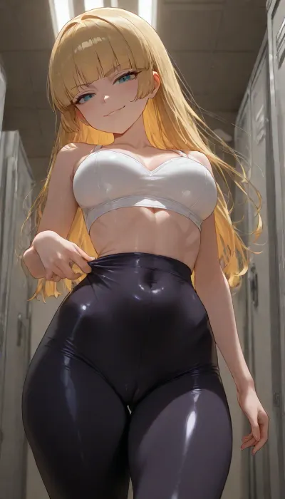 ((high detailed skin)), 8k uhd, detailed 3D render, (Pacifica Northwest from Gravity Falls:1.6), long beach blonde hair with bell-shaped bangs, dark blue eyes, (slim body with busty proportions:1.5), wearing, (tight spandex pants:1.5), and nothing else, standing in a locker room, one hand pulling the waistband down just enough to show the top of her pussy, looking at the viewer with a challenging smirk, fluorescent lighting, (Wyreframez artstyle:1.5), dynamic poses, sharp detailed linework, bold coloring, energetic composition