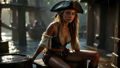 14 century, sunset, full body view of a solo beautiful 19 years old flat-chested slender female pirate being on pirate-fregate, ((no close up:1.2)), (sitting on her ass with her back to an old wooden barrel, on deck of a pirate-fregate:1.6), (her knees up to her chest, her arms wrapped around her knees), (front side view:.5), ., (she has dirty blonde dreadlocks and she wears highly detailed typical pirate clothing from the 14th century, red pirate-bandana under the pirate-hat), (open dirty white cotton shirt and a red vest with embroidery), (coarse brown rolled-up trousers), (beautiful slender long legs), bare midriff, (brown leather belt with a large buckle and a piratesaber in the belt), brown leather boots, large earrings, necklace, full-body tattoos, (standing expertly on deck of shaking pirate-fregate and holding on:1.3), (soaking wet clothes:1.8), (wet skin:1.5), attractive woman, perfect hands, perfect face, perfect teeth, perfect eyes, (blonde dreadlocks in backlight:1.2), smiling with perfect white teeth, ultra realistic skin, masterpiece, best quality, full body view, details, high quality, ((pirate hat:1.3)), ((pirate flag:1.4)), (intensively tanned:1.4), thigh gap, black storm clouds, sunrays, seagulls, parrot, surprised, she looks up at the far horizon, (highly detailed Spaceship:1), surreal situation, photorealistic, <lora:Super_Eye_Detailer_By_Stable_Yogi_SDPD0:.3>, <lora:BUT_SDXL_SHS:1>, <lora:dark:.8>, <lora:MJ52:.8>