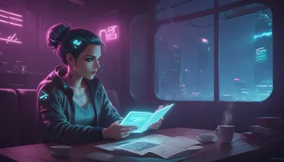 the neon glow of a cyberpunk metropolis, a stunning girl, she has cybernetic implants and glowing tattoos, slowly sipping a cup of coffee, while reading a paper book, (she looks away from the book and out the window to the streets outside which are bathed in pink and turquoise holographic lights), where among flying drones and digital ads, this contrast between the high-tech world and a quiet moment of human warmth creates an unforgettable magic. Her eyes, reflecting the neon light, are full of both strength and tenderness, zavy-cbrpnk, faceplate, <lora:attractive_notrigger:2>, <lora:RMSDXL_Enhance:1.7>, <lora:EnvyCozyCyberpunkXL01:2>, <lora:Halcyon Cyberpunk Style:1.5>, <lora:zavy-cbrpnk-sdxl:2>