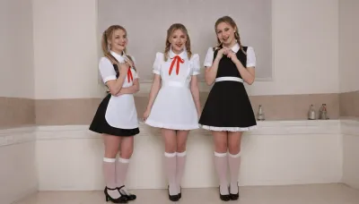 5 beautiful blondes 18 years old with ponytails, white bows, they are thin and tiny, black dress, white apron, soviet school uniform, white high boots, high heels, three blondies, small breasts, laughing, suxl, M3L0DYM4RK5, MELODY-MARKS, Sch0llg1rl, American, European, Scandic, Canadian, uniform, one black man with giant penis, he gonna fuck the girls, <lora:suxl:.8>, <lora:M3L0DYM4RK5 [vvugot1905cc735fbp19f1]:1.8>, <lora:melody-marks-xl:2>, <lora:Schoolgirl:.8>, style, of, ivanov, vano, soviet, cartoon, <lora:ivanov_vano_style_sdxl:.8>