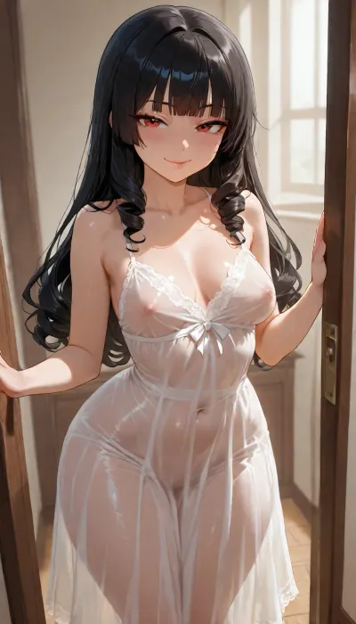 anime style, cute girl, (purity face:1.5), black long hair, (ringlet:1.3), blunt bangs, (round face:1.3), (tsurime), red eyes, big eyes, (naughty face), ((mischievous smile)), pink lips, glossy lips, petite, short stack, medium breast, perky breasts, standing, white see-through dress, slip nipple, fullbody