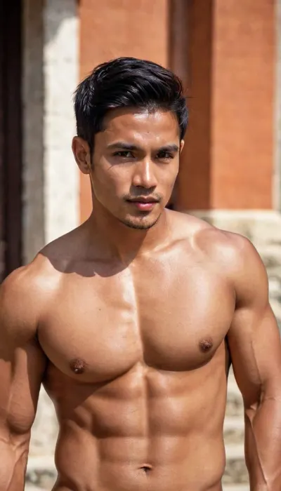 A man, 25 years old, young, Malay, handsome, muscular physique with a chiseled chest, mesomorph body type, fair-skinned, black hair, short hair, his body glistens with sweat, shirtless.

Wearing a speedo underwear.

Confident facial expression.

In a village, on a sunny day.