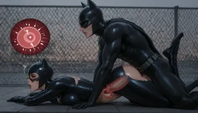 1boy and 1girl, prone_bone, creampie, impregnation, twin_impregnation, female supervillain, torn costume, male superhero, female_orgasm, flooded_womb, overflowing_pussy, rooftop, side view, DC catwoman, DC Batman, xray