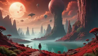 A lone astronaut stands on the edge of a towering cliff, gazing at a green alien jungle filled with bioluminescent trees and floating islands, (green alien jungle), Strange creatures move in the mist, and a giant gas planet dominates the sky, A river of glowing red liquid winds through the valley, (glowing red liquid river), Hyper-realistic, awe-inspiring, and atmospheric