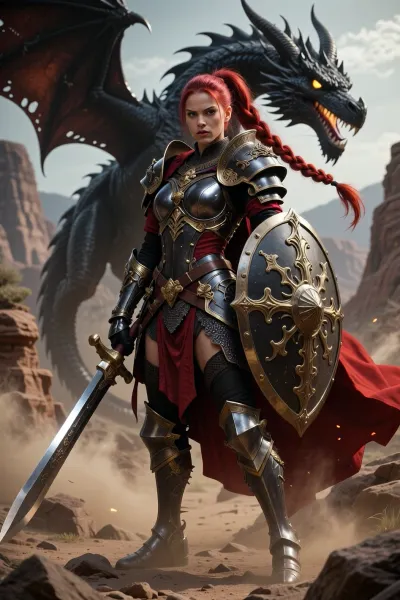 (masterpiece, best quality, hyperrealistic:1.2), photorealistic, detailed, intricate, (portrait of a fierce female warrior, red ponytail braid:1.1), (intricate ornate dark knight armor, gold embellishments:1.3), holding a large sword, shield, red cape, (majestic black dragon in background, glowing yellow eyes:1.2), standing on rocky ground, dusty canyons, dramatic lighting, volumetric lighting, epic scene, fantasy art, cinematic, depth of field