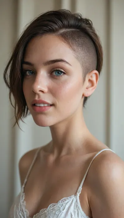 Detailed side-profile view, bust of a 40-year-old woman, black buzz cut, blue eyes, long black eyebrows, striking beautiful eyelashes. Small upturned nose, small lips—slightly flushed and parted in a shy smile—revealing white teeth, shapely, small, sharply defined chin, sharp cheekbones, graceful neck.