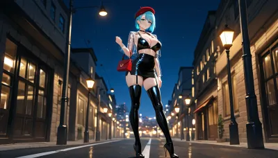 solo, futanari, cyborg, short blue hair, turquoise eyes, light metallic skin, street-based sex work area, hookers, small bulge, beret, provocative clothing, regular breasts, winered handbag, short skirt, black glittery clothing, street lamp, night, high heels, garter belt, full body, standing on the roadside, transparent jacket, push-up bra, from the front