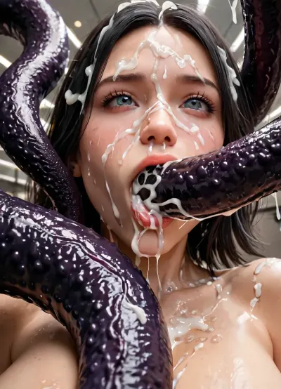 Open pose, (close-up:1.9), low angle, detailed vagina, (big clit), open vagina, tentacle vore, vore, (((giant black tentacle cocks))), focus on body below the waist, black hair, (massive sagging breast), (double penetration), realistic cum, shooting cum, (projectile cum), (cum everywhere), Cum on hair, vaginal sex, oral, anal, (tentacle blowjob), deepthroat, cum facial, cum on body, (extreme massive bukkake)