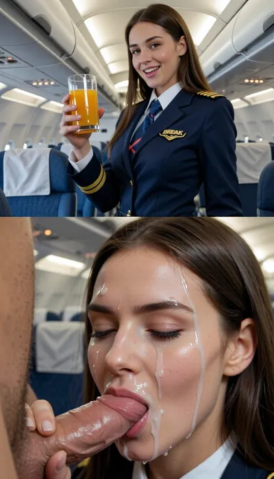 8k UHD, highly detailed, sharp focus, professional cinematography, photorealistic, RAW photo, masterpiece. A cinematic Photorealistic vertical split-screen with a clear hard dividing line, top half and bottom half completely independent. Nothing from one half ever appears in the other. The dividing line is never crossed.

TOP HALF ONLY, Exact same appearance and framing as the top reference, no changes. Young woman with long brown hair in a dark blue flight attendant uniform with “BREAK” badge stands in the airplane cabin holding a glass of orange juice. She takes a small step closer toward the camera at normal real-time speed, extends her arm offering the glass, looks directly at the camera with a playful flirty smile and says in a soft playful voice, “Here’s your juice, anything else?” She makes natural real-time movements — quick slight weight shifts, natural head tilts, small shoulder movements and normal breathing. No man’s hand appears. Absolutely no cock, no cum, no oral actions, no bottom-half elements of any kind. Only her voice and quiet airplane cabin ambience. Strict real-time normal speed, no slow motion.

BOTTOM HALF ONLY, Close-up of the exact same young woman, (identical face and hair as the top half), . From the very first frame her face is already covered with thick white cum that very slowly drips down her face the entire time. A man’s hand rhythmically strokes a thick hard erect cock the full length. She submissively holds the head of the cock with her lips. He continues stroking and cums into her mouth. Thick white cum fills her mouth and slightly leaks. She squeezes her eyes shut tighter. Completely silent — no voice, no dialogue. Only soft wet stroking and cum sounds. Absolutely no airplane, no glass, no uniform actions, no top-half elements of any kind. Strict real-time normal speed, no slow motion.

Top half = only the natural real-time approach, glass offering and spoken line with lively body movements. Bottom half = face already covered with thick cum that slowly drips down + continuous handjob + oral cumshot. Same girl on both halves. Both halves play simultaneously and stay strictly separated. Strict real-time normal speed on both halves, no slow motion anywhere.

Pure visual video, absolutely no subtitles, no text, no captions.