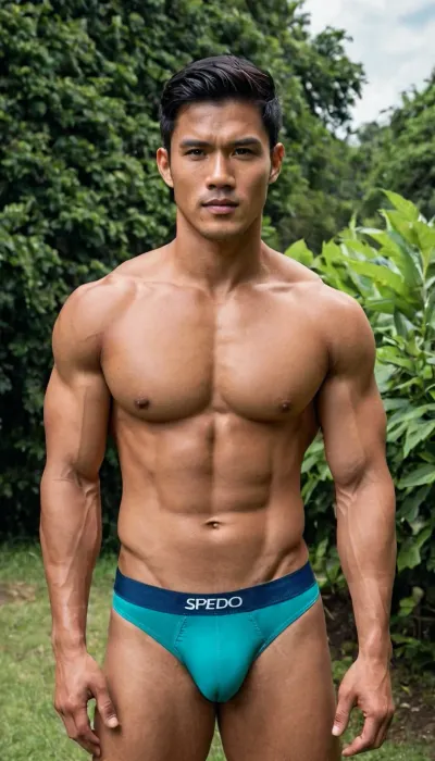 A man, 25 years old, young, Malay, handsome, muscular physique with a chiseled chest, mesomorph body type, fair-skinned, black hair, short hair, his body glistens with sweat, shirtless.

Wearing a speedo underwear.

Confident facial expression.

In a village, on a sunny day.