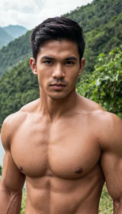 A man, 25 years old, young, Malay, handsome, muscular physique with a chiseled chest, mesomorph body type, fair-skinned, black hair, short hair, his body glistens with sweat, shirtless.

Wearing a speedo underwear.

Confident facial expression.

In a village, on a sunny day.