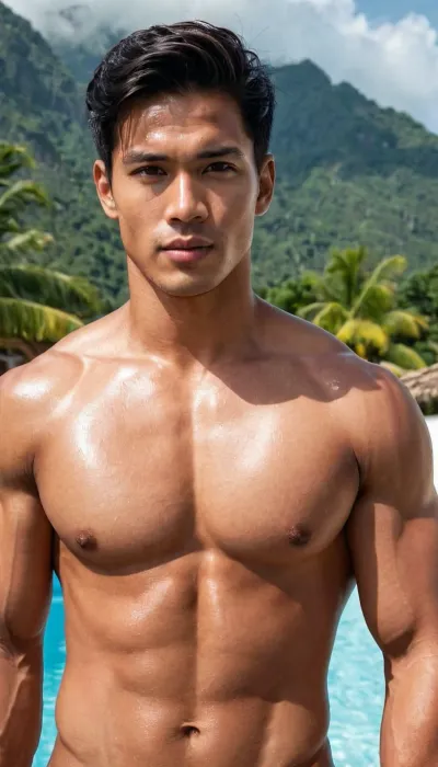 A man, 25 years old, young, Malay, handsome, muscular physique with a chiseled chest, mesomorph body type, fair-skinned, black hair, short hair, his body glistens with sweat, shirtless.

Wearing a speedo underwear.

Confident facial expression.

In a village, on a sunny day.
