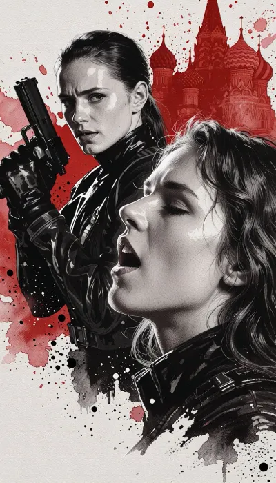 A dramatic, close-up, noir-inspired watercolor and ink illustration featuring two women in a dynamic, overlapping composition. The foreground subject, on the right, is rendered in high contrast grayscale with strong highlights, her face tilted upwards with eyes closed, suggesting anguish or rapture. Her hair is loosely curled and catches the light. Behind and slightly to the left, a second woman is depicted with a more graphic, stark rendering, her face turned towards the viewer with a determined expression, holding a firearm pointed upwards. Her dark hair is swept back, and she wears dark, tactical-looking clothing. To the upper right, the iconic silhouette of Russian onion-domed architecture is rendered in a vibrant, aggressive red wash, creating a stark backdrop that bleeds into the figures. The overall color palette is a high-contrast interplay of crimson, deep blacks, and brilliant whites, with shades of gray. The artistic style emphasizes expressive brushstrokes and splatters, particularly in the red background and around the figures, giving a sense of movement and chaos. Textural details include the granulated watercolor effects, sharp ink lines, and subtle paper texture. The lighting is dramatic and theatrical, with strong chiaroscuro, emphasizing the facial features and the metallic sheen of the firearm. The mood is intense, suspenseful, and possibly tragic, evoking themes of espionage, danger, and emotional turmoil. The perspective is a low-angle