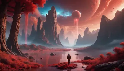 A lone astronaut stands on the edge of a towering cliff, gazing at an alien jungle filled with bioluminescent trees and floating islands, Strange creatures move in the mist, and a giant gas planet dominates the sky, A river of glowing red liquid winds through the valley, (glowing red liquid river), Hyper-realistic, awe-inspiring, and atmospheric