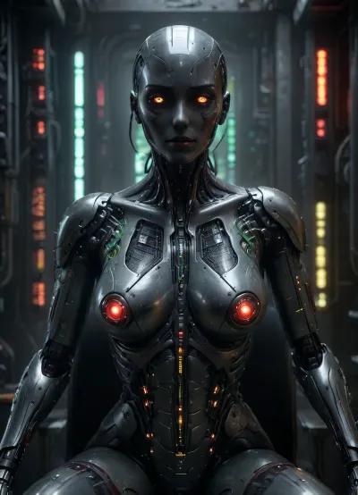 an award winning photograph of a ROBOT, tall, silver body, black POINTED shiny head, big red eyes, green stripes, big tits, long dark red legs, black zig zag circuit boards, ROBOT, intricate cyberpunk robot, in space ship, sitting in chair, star trek style, highly detailed, soft bokeh Deep space nebula background, art by mooncryptowow and popular science, full length photo, <lora:WowifierXL-V2:.8>, cyber punk control panel, circuit boards on panel, chiaroscuro, low-key, <lora:zavy-cntrst-sdxl:.8>, glowneon, sparks, lightning, cyberpunk, <lora:CyberPunkAIp:.8>, neotech, glowing, scifi, <lora:NeoFuturisticTechXL:.8>, circuitboard, dark, futuristic, <lora:Dark_Futuristic_Circuit_Boards:.8>