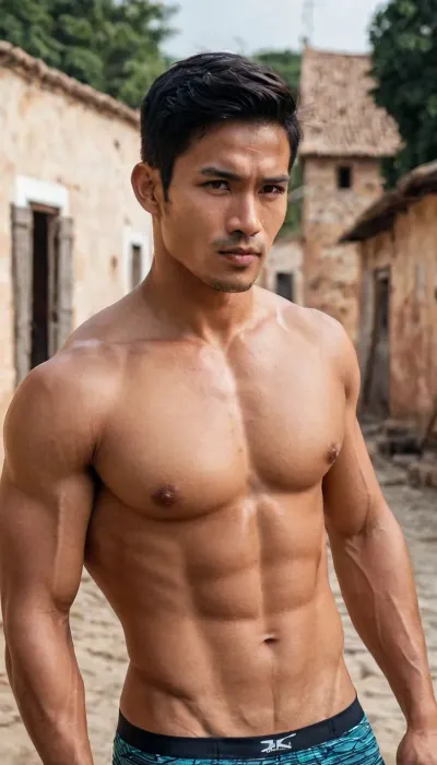 A man, 25 years old, young, Malay, handsome, muscular physique with a chiseled chest, mesomorph body type, fair-skinned, black hair, short hair, his body glistens with sweat, shirtless.

Wearing a speedo underwear.

Confident facial expression.

In a village, on a sunny day.