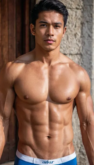 A man, 25 years old, young, Malay, handsome, muscular physique with a chiseled chest, mesomorph body type, fair-skinned, black hair, short hair, his body glistens with sweat, shirtless.

Wearing a speedo underwear.

Confident facial expression.

In a village, on a sunny day.