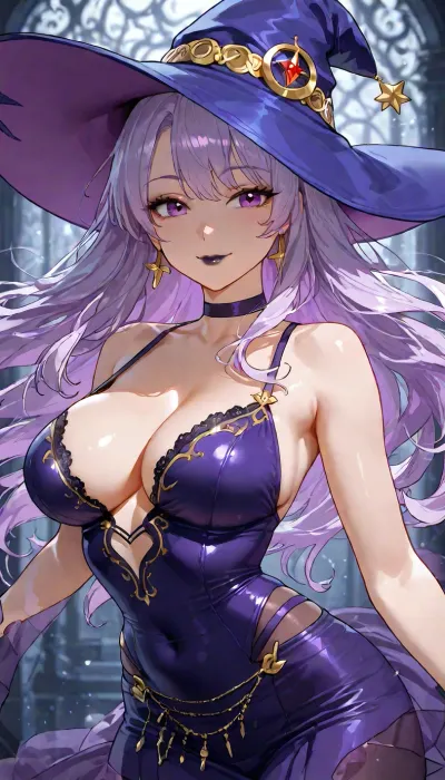 (((big beautiful anime eyes:1.2))), black lipstick, 25 year old Filipina, dynamic pose portrait, petite athletic toned firm body, bright purple blue witch, simple hat, ethereal whimsy aesthetic, short nano skirt, lace and satin, <lora:add-detail-xl:1.2>, <lora:attractive_notrigger:1.2>, <lora:detailed_notrigger:1.2>, <lora:LCMTurboMix_Euler_A_fix:1.2>, cute smile