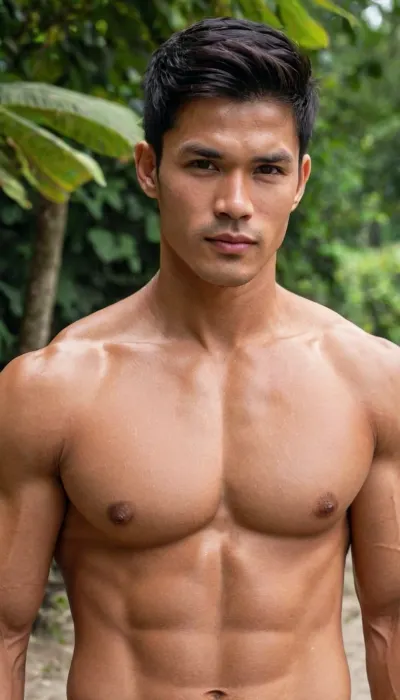 A man, 25 years old, young, Malay, handsome, muscular physique with a chiseled chest, mesomorph body type, fair-skinned, black hair, short hair, his body glistens with sweat, shirtless.

Wearing a speedo underwear.

Confident facial expression.

In a village, on a sunny day.
