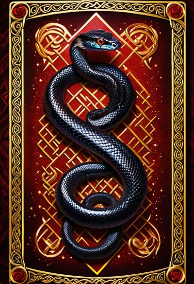 Tarot Card Style, black snake, redzig zag skin, coiled around lonsword, bright yellow eyes, red backround, sparkle, GOLD celtic knot border, masterpiece, official art, <lora:DUSK_XL_TAROTCARD_dadapt_cos_5e4:.8>