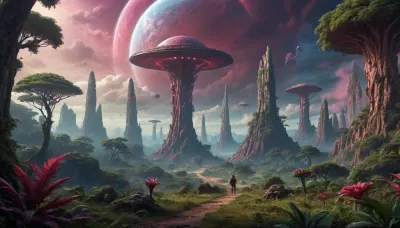 fullcolor image, 8K quality, satellite planet, fantastic jungles, alien strange landscape, alien ruins, fantastic animals. Ruby clouds. Era of space travels, cinematic atmosphere.