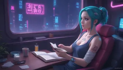 the neon glow of a cyberpunk metropolis, a stunning girl, she has cybernetic implants and glowing tattoos, slowly sipping a cup of hot tea, while reading a paper book, she looks up from the book and out the window to the streets outside which are bathed in pink and turquoise holographic lights, where among flying drones and digital ads, this contrast between the high-tech world and a quiet moment of human warmth creates an unforgettable magic. Her eyes, reflecting the neon light, are full of both strength and tenderness, cyberpunk, str33t, <lora:attractive_notrigger:2>, <lora:RMSDXL_Enhance:2>, <lora:cyberpunk_str33t:2>, <lora:EnvyCozyCyberpunkXL01:2>