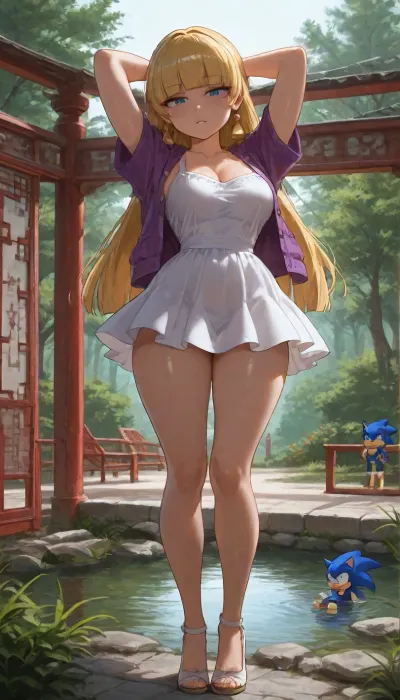 ((high detailed skin)), 8k uhd, (Pacifica Northwest from Gravity Falls:1.6), long beach blonde hair with bell-shaped bangs, dark blue eyes, purple jacket over short lavender dress, (cougar:1.5), wearing, (sundress:1.5), (legs behind head:1.5), extreme fold as, ((Sonic the Hedgehog:1.5)), thrusts between her raised legs, hands gripping her own calves, pure ecstasy, (chinese garden with pond:1.4), (Minus8 artstyle:1.6), clean high-quality anime style, excellent anatomy, soft smooth shading, vibrant yet refined colors