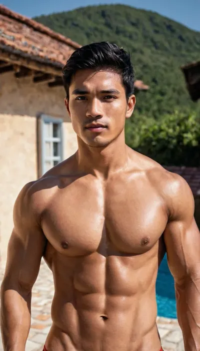 A man, 25 years old, young, Malay, handsome, muscular physique with a chiseled chest, mesomorph body type, fair-skinned, black hair, short hair, his body glistens with sweat, shirtless.

Wearing a speedo underwear.

Confident facial expression.

In a village, on a sunny day.