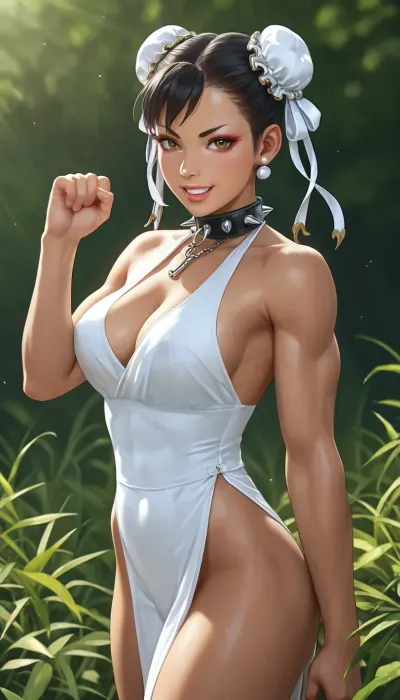 A close-up portrait of Chun Li from calfs up against a backdrop of lush green plains with acient destroyed wall visible in distance under natural lighting conditions during sunset time with warm hues filling up sky, Chun Li is wearing her traditional geisha clothing is adorning long black hair cascading down shoulders framing dark skin tone while full lips parted slightly revealing white teeth as she looks up towards someone off camera with eyes sparkling with joy, traditional geisha face-paint decorating forehead adding contrast against dark complexion, wearing geish-style and spiked-leathercollar around neck holding martial pendant, hands form fists up in offensive fighting stance, body positioned slightly sideways facing camera showing off slender figure with slight feminine curves, swell of her cleavage AND very long muscular legs on her tall tall bodyshape, intricate details visible on face including wrinkles around eyes indicating happy nature, ultra realistic texture visible on skin under 8k UHD resolution, shallow depth of field used for isolating subject from background creating intimate atmosphere