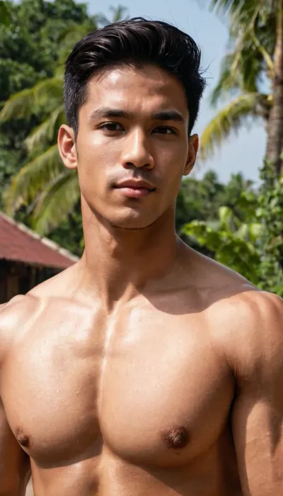 A man, 25 years old, young, Malay, handsome, muscular physique with a chiseled chest, mesomorph body type, fair-skinned, black hair, short hair, his body glistens with sweat, shirtless.

Wearing a speedo underwear.

Confident facial expression.

In a village, on a sunny day.