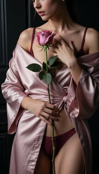 ultra photorealistic cinematic editorial portrait, masterpiece quality, clearly adult woman, 29 years old, intimate three quarter portrait cropped from just above the mouth to mid thigh, standing against a nearly black paneled interior, slender elegant figure, pale satin robe in dusty rose loosely draped around her shoulders and arms, wide flowing sleeves with realistic silk folds and subtle specular highlights, robe open at the center over refined dark red lingerie with thin straps, tasteful non explicit styling, one thigh emerging through the robe opening, head lowered slightly as she looks contemplatively toward a single long stemmed pink rose held vertically in front of her body, one hand gently supporting the flower near chest height and the other loosely holding the lower stem near the waist, rose positioned exactly along the central vertical axis, intensely detailed velvety pink petals, tiny natural imperfections along petal edges, deep green leaves and slender thorned stem, realistic fingers fingernails and delicate skin creases, soft facial features partly obscured by the upper crop, dark hair pulled back neatly, tiny pearl earrings, natural skin texture with visible pores and subtle tonal variation, extremely dark low key lighting, underexposed by approximately two stops, narrow warm key light from upper camera left illuminating the rose face collarbones hands and satin while the background remains almost black, rich burgundy charcoal and dusty rose palette, strong chiaroscuro, deep blacks, controlled highlights, 85 mm portrait lens, f 2.8 character, razor sharp focus on flower hands and illuminated skin, rapidly falling depth of field toward the background, subtle analog grain, extraordinarily detailed silk weave rose petals hair and skin, luxurious fine art fashion photography, intimate mysterious nocturnal atmosphere