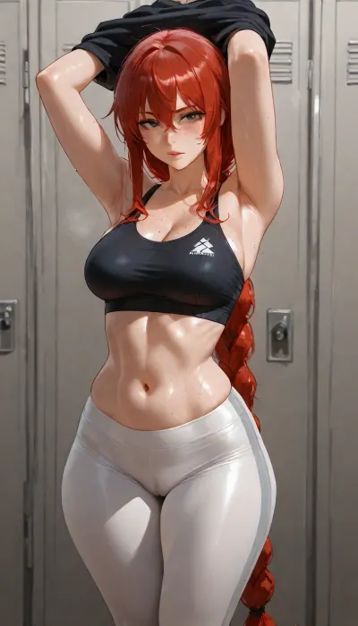 Original character, named Daisy, (photo realistic), (masterpiece), (high resolution), (maximum detail), (score_9), Latina, 18, petite, fit toned body, narrow face, beautiful face, natural light makeup, green eyes, almond shaped eyes, ((freckles on face)), ((excessively long red hair in a braided ponytail)), ((hyper long hair)), ((hair goes past her knees)), natural large breasts, ((freckles on breasts)), locker room, (sports bra, athletic leggings, extra sweaty), ((getting undressed, arms over her lead lifting sports bra, sports bra being removed, legs together)), ((cameltoe)), ((hidden viewer, voyeur viewer))