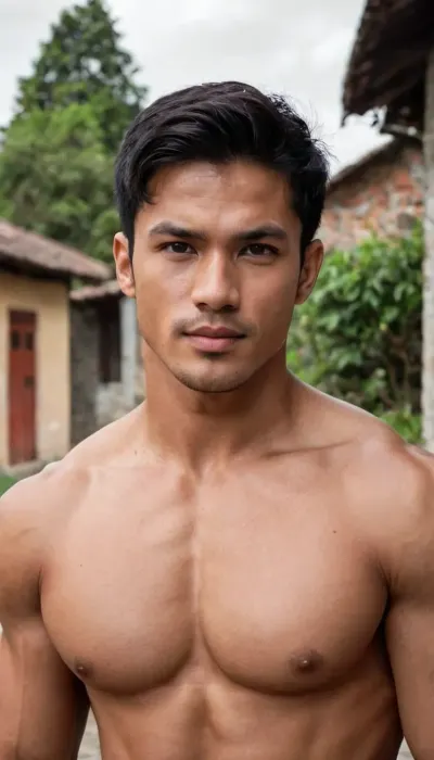 A man, 25 years old, young, Malay, handsome, muscular physique with a chiseled chest, mesomorph body type, fair-skinned, black hair, short hair, his body glistens with sweat, shirtless.

Wearing a checkered sarong.

Confident facial expression.

In a village, on a sunny day.