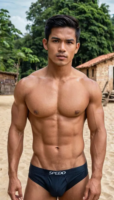 A man, 25 years old, young, Malay, handsome, muscular physique with a chiseled chest, mesomorph body type, fair-skinned, black hair, short hair, his body glistens with sweat, shirtless.

Wearing a speedo underwear.

Confident facial expression.

In a village, on a sunny day.