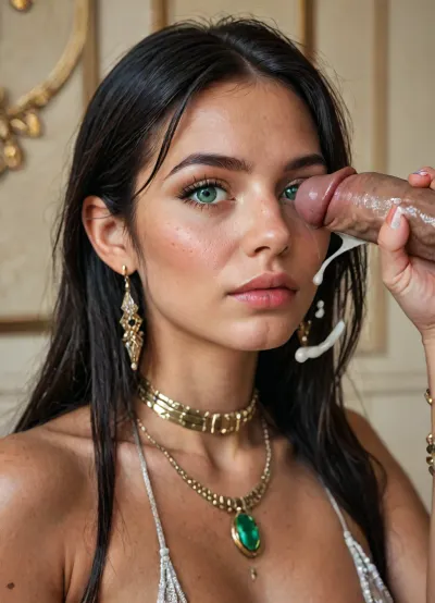 (score_9, score_8_up, score_7_up, masterpiece, high quality, cinematic, 8k, UHD, high realism, highest detail), (close up at nails:1.1), beautiful 18 year old girl, (long black hair:1.5), (green eyes:1.5), (jewelry:1.6), (big black cock teasing:1.3), (interracial handjob:1.3), (excessive cum ejected from penis:1.2), (excessive cumshots over female face:1.2), freckles, huge saggy breasts, skinny, (silver micro skirt), silver micro bikini top, black silk stockings, gladiator heels, colourful bracelets, colourful necklaces, dark tan skin, colourful rings, (perfect manicured very long polish nails:1.1), diamonds choker, hairy pubis, (lots of long silver necklaces:1.2), (((lots of extremely detailed silver and diamonds small rings in every finger:1.55))), ((very wide dark areolae:1.2)), hoop earrings, (athetlic body:1.3), (very large puffy areolas:1.2), (detailed areolas:1.4), ((dark areolas:1.2)), ((big long thick erected dark nipples:1.3)), longnips, <lora:BUT_SDXL_SHS:.8>, <lora:longnipsxl:.7>, <lora:LCMTurboMix_Euler_A_fix:.5>