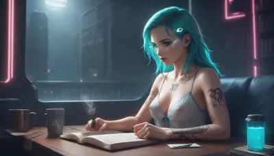 the neon glow of a cyberpunk metropolis, a stunning girl, she has cybernetic implants and glowing tattoos, slowly sipping a cup of coffee, she is wearing a see-through negligee that reveals some of her breasts, while reading a paper book, (she looks away from the book and out the window to the streets outside which are bathed in pink and turquoise holographic lights), where flying drones and digital ads fill the backdrop, Her eyes, reflecting the neon light, are full of both strength and tenderness, cyberpunk, glasses, led, <lora:attractive_notrigger:2>, <lora:RMSDXL_Enhance:2>, <lora:Halcyon Cyberpunk Style:2>, <lora:Cyberpunk_Glasses_-_SDXL:2>, <lora:augs:2>