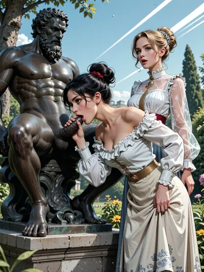 a scene set in Rissian Impire in 1890s, bright, colorful colors, Two noble women, Zoey is a medium-breasted late-20s babe. Zoey is wearing an should ruffled blouse and long skirt. Clara is late-20s babe. Clara is wearing a see-through ruffled blouse and long skirt. Both different girls with elegant hairstyles . Zoey and Clara are in a garden with a weathered bronze statue of an ancient Greek old man satyr on plinth. The mythical ancient Greek satyr statue's groin exhibits a very lumpy and very bulging scrotum. The mythical ancient Greek satyr statue's groin also exhibits a stiff penis. Zoey is bent over and sucking the The mythical ancient Greek satyr statue's penis. Clara is standing nearby looking at Zoey with an astonished look. long shot, masterpiece, best view. Stylized manga-style illustration, elongated proportions, expressive eyes, graceful movements, dramatic but stylized lighting, gloomy elegance, emotional atmosphere, clear, precise lines, soft shading with subtle gradients, dot drawings, grayscale print texture, flat color fields, limited CMYK palette, contours in thick ink, retro offset printing, slight color shift, dynamic low-angle composition, bright midday sunlight, diagonal lines of movement, cinematic framing, retro energy of the comic panel