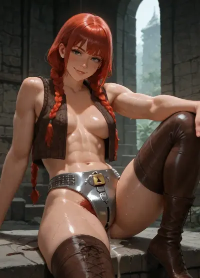 high quality, photorealistic, underground temple, dwarf woman, muscular, athletic, defined muscles, stout compact body, thick legs, broad arms, (short:1), alone, red braids, freckles, small breasts, (), (untied leather vest), knitted brown thighhighs, (heavy steel chastity belt:1.3), (padlock in front of belt), (excessive pubic hair), (dripping cum:1.1), (cum on thighs:1.2), sitting, leaning wall, (knee up), condfident, smiling, (looking at viewer), (undressing)