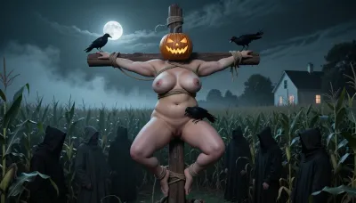 (Photorealistic), a woman, fat obese body, bound very high up on a wooden cross-like structure in a dark cornfield, full moon, mist in the corn, styled as a scarecrow. high up in the air. At least 8 feet off the ground. The subject is a nude fat obese bbw woman with huge breasts, Jack o lantern over her head, her body secured with rope to the crossbeams. she is bald., ((No hair showing around the Jack o Lantern.)), Crows perch on the structure—one on her shoulder, the other crow pecks at her vagina with its beak. Her pose is static and restrained, with arms outstretched and legs bound, evoking a sense of vulnerability and sacrifice. The background features a dense field of very tall corn stalks and a small farmhouse in the distance. Many dark hooded figures are in between the corn.