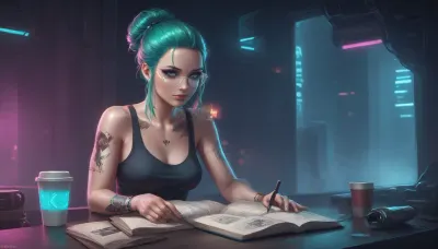 the neon glow of a cyberpunk metropolis, a stunning girl, she has cybernetic implants and glowing tattoos, slowly sipping a cup of coffee, she is wearing a tank top that reveals some of her breasts, while reading a paper book, (she looks away from the book and out the window to the streets outside which are bathed in pink and turquoise holographic lights), where flying drones and digital ads fill the backdrop, Her eyes, reflecting the neon light, are full of both strength and tenderness, cyberpunk, glasses, led, <lora:attractive_notrigger:2>, <lora:RMSDXL_Enhance:2>, <lora:Halcyon Cyberpunk Style:2>, <lora:Cyberpunk_Glasses_-_SDXL:2>, <lora:augs:2>