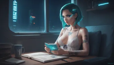 the neon glow of a cyberpunk metropolis, a stunning girl, she has cybernetic implants and glowing tattoos, slowly sipping a cup of coffee, she is wearing a see-through negligee that reveals some of her breasts, while reading a paper book, (she looks away from the book and out the window to the streets outside which are bathed in pink and turquoise holographic lights), where flying drones and digital ads fill the backdrop, Her eyes, reflecting the neon light, are full of both strength and tenderness, cyberpunk, glasses, led, <lora:attractive_notrigger:2>, <lora:RMSDXL_Enhance:2>, <lora:Halcyon Cyberpunk Style:2>, <lora:Cyberpunk_Glasses_-_SDXL:2>, <lora:augs:2>