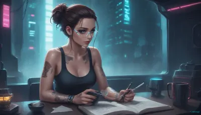the neon glow of a cyberpunk metropolis, a stunning girl, she has cybernetic implants and glowing tattoos, slowly sipping a cup of coffee, she is wearing a tank top that reveals some of her breasts, while reading a paper book, (she looks away from the book and out the window to the streets outside which are bathed in pink and turquoise holographic lights), where flying drones and digital ads fill the backdrop, Her eyes, reflecting the neon light, are full of both strength and tenderness, cyberpunk, glasses, led, <lora:attractive_notrigger:2>, <lora:RMSDXL_Enhance:2>, <lora:Halcyon Cyberpunk Style:2>, <lora:Cyberpunk_Glasses_-_SDXL:2>, <lora:augs:2>