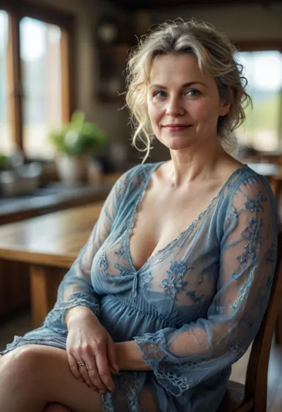 texture, dark shadows, shallow depth of field, 55 year old curvy woman, (obese:1.1), sitting in the kitchen on a large chair after sex, feet on the table, plump lips, large breasts, hard nipples., unbuttoned translucent nightgown, nightgown, hair with a grayish tint, short hair, wide ankles, barefoot, (4K, high definition, best quality), . Play of light, sun rays, RTX, side view of legs, detailed face, makeup, blonde, wrinkles, jewelry, long, hair, short, smiling, 1girl, blue, eyes, <lora:hinaMaybeBetterPoseXL_v5-NoobAI:.8>, <lora:MJ52:.8>, <lora:Saggy_Hellhound_Lady-000006:.8>, <lora:Older_woman-000008:.8>, Jean-Baptiste, Monge, Style, page, <lora:Jean-Baptiste Monge Style:.8>