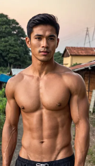 A man, 25 years old, young, Malay, handsome, muscular physique with a chiseled chest, mesomorph body type, fair-skinned, black hair, short hair, his body glistens with sweat, shirtless.

Wearing a speedo underwear.

Confident facial expression.

In a village, on a sunny day.