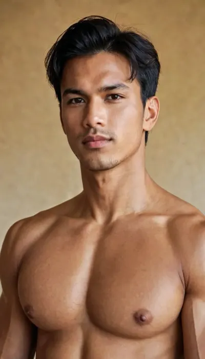 A man, 25 years old, young, Malay, handsome, muscular physique with a chiseled chest, mesomorph body type, fair-skinned, black hair, short hair, his body glistens with sweat, shirtless.

Wearing a checkered sarong.

Confident facial expression.

In a village, on a sunny day.