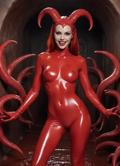 woman, a very slender succubus with huge breasts and red goat horns dressed in tight red full body latex suit, body completely covered in latex, absurdly swollen pussy, slim hips, butt, thin thighs, sharp teeth, sadistic smile, in hell, Huge nipples, very wet, lots of tentacles, covered in sperm, legs wide open