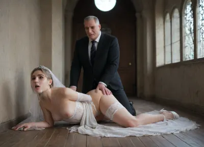 a full bodies view of a plump 22 years old chubby girl in wedding dress and a large 55 years old stepfather at night time, (((super short girl))), (((the girl is wearing a ripped long elegant wedding dress with veil))), wedding dress is ripped, strapless transparent white lingerie, (((white lingerie downbloused))), (((super small nude tits))), super small tits out of lingerie, (((nude breasts))), underboobed, (((girl with super light blond hair))), girl with super long hair, full bodies view, the girl is lying in dark cellar without light, girl fucked from behind, side view, (((stepfather full body view))), super tall stepfather with short cut grey hair, (((the stepfather is wearing a black suit))), showing the complete bodies, hyper realistic photo, the stepfather is fucking the girl from behind, the stepfather is fucking the girl in very dark cellar from behind, very dark night outside, big full moon and stars are shining through a window, cum inside girl, the girl is looking painful at the viewer, (((the girls hands are bound behind her back with a rope))), very dark night