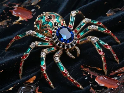 An award-winning fine-art painting masterpiece executed in an elite heavy, chunky Alla Prima impasto style with massive prominent palette-knife oil paint layers and raw textured brushstrokes. A spectacular high-jewelry luxury brooch designed as an intricate spider, lying elegantly on a dark velvet canvas. The spider's abdomen is crafted from a massive, deep midnight-blue cushion-cut sapphire surrounded by pavé-set shimmering black diamonds. The metallic exoskeleton shines with luminescent emerald blue-green and rich metallic ruby-red hues, covered in intricately engraved patterns. The entire canvas is densely covered in a highly tactile matte paint accumulation, with massive, loose blocks of wet oil color and bold palette-knife marks completely defining the gemstone facets, the metallic reflections, and the deep volumetric shadows without smooth digital lines. Masterpiece, rugged paint edge chunks